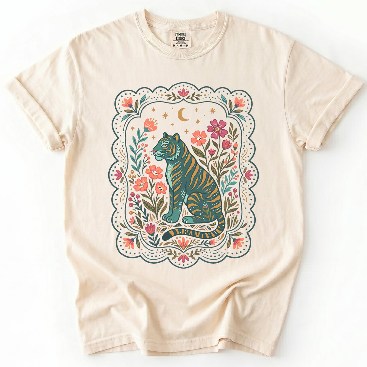 Scalloped Folk Garden Tiger Vintage Washed T-Shirt