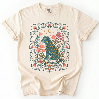Scalloped Folk Garden Tiger Vintage Washed T-Shirt