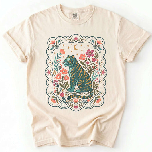Scalloped Folk Garden Tiger Vintage Washed T-Shirt