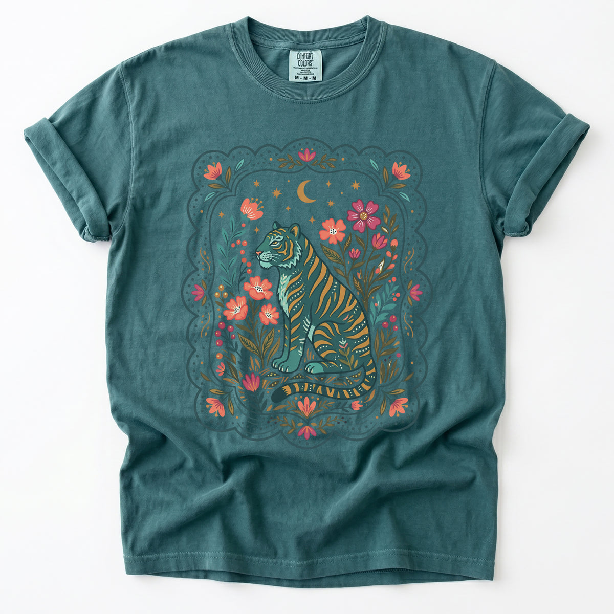 Scalloped Folk Garden Tiger Vintage Washed T-Shirt