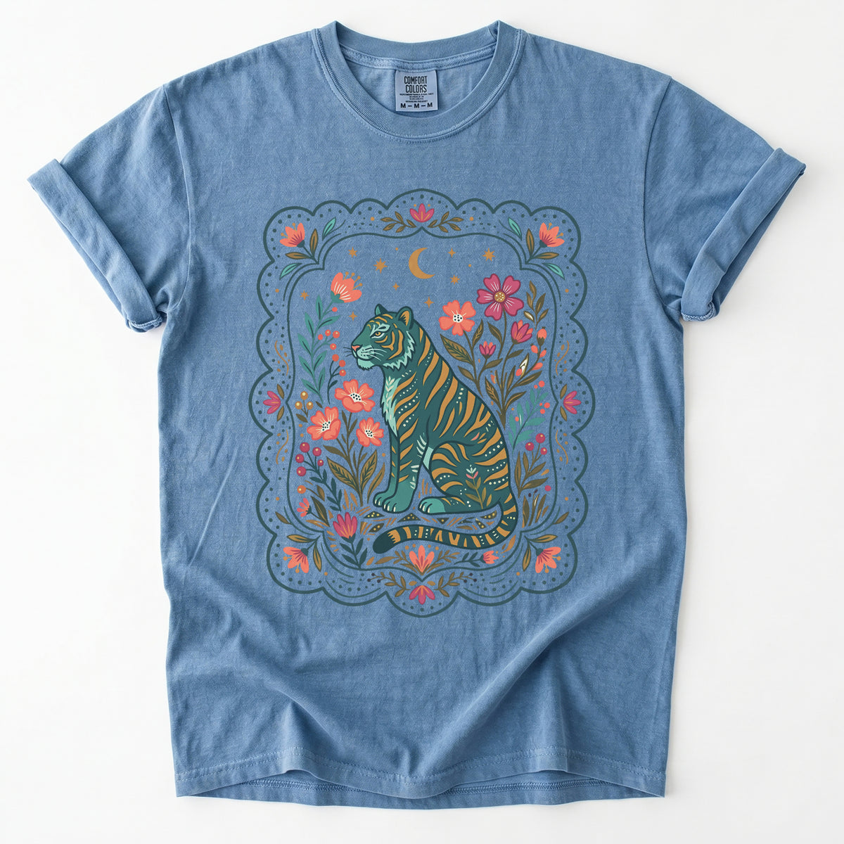 Scalloped Folk Garden Tiger Vintage Washed T-Shirt