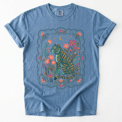 Scalloped Folk Garden Tiger Vintage Washed T-Shirt