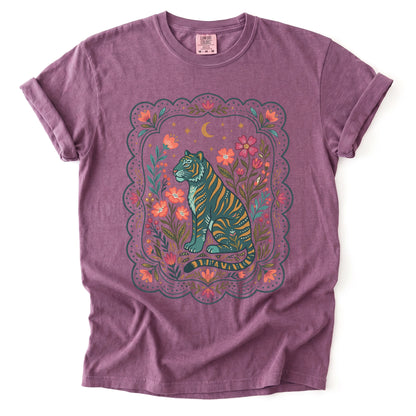 Scalloped Folk Garden Tiger Vintage Washed T-Shirt