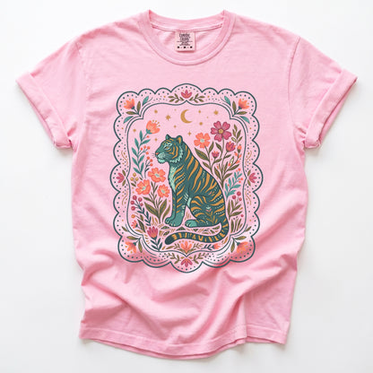 Scalloped Folk Garden Tiger Vintage Washed T-Shirt
