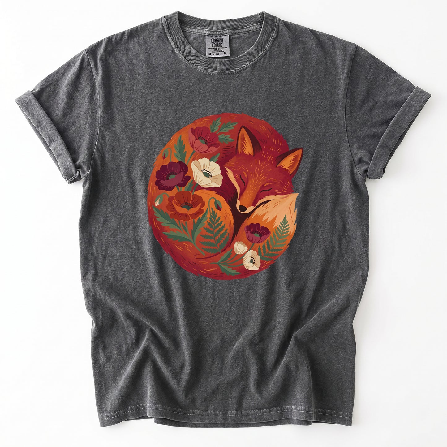 Sleeping Fox Folk Art Vintage Washed T-Shirt