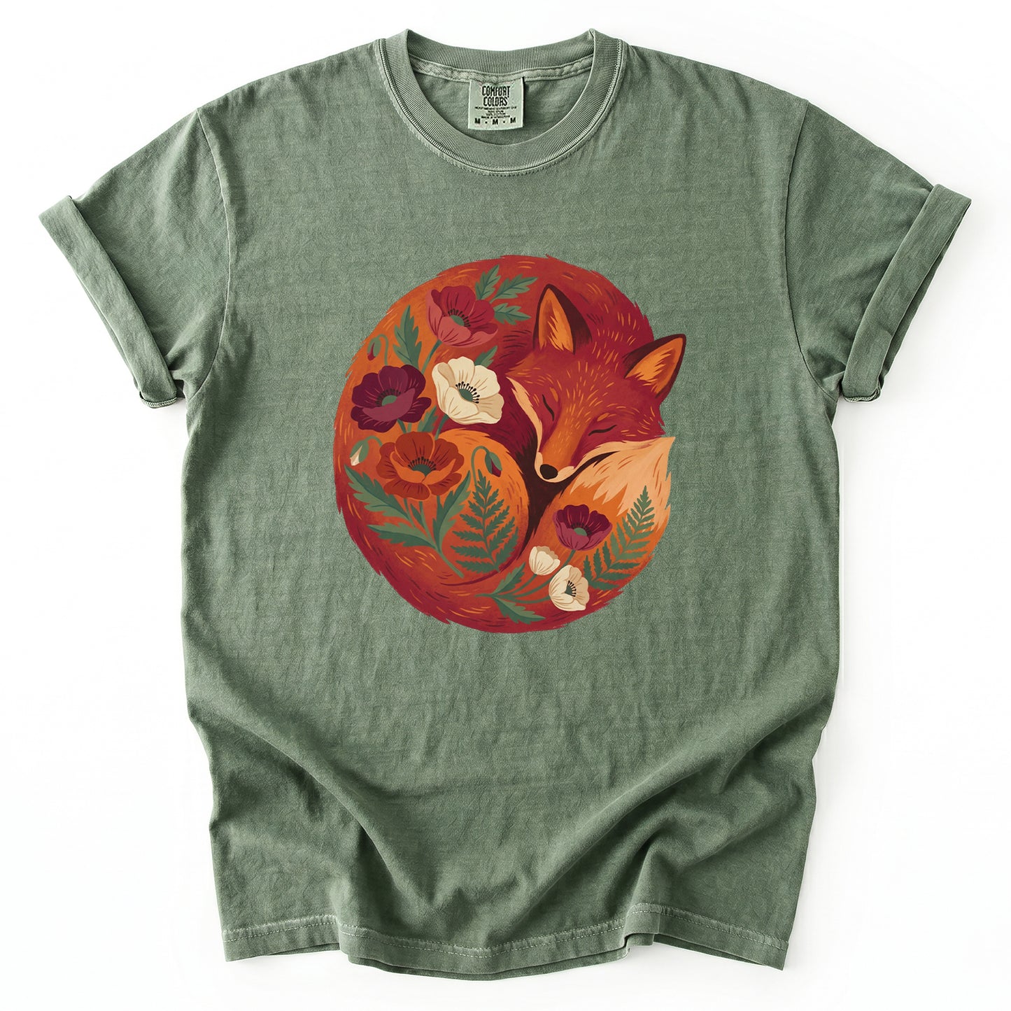Sleeping Fox Folk Art Vintage Washed T-Shirt