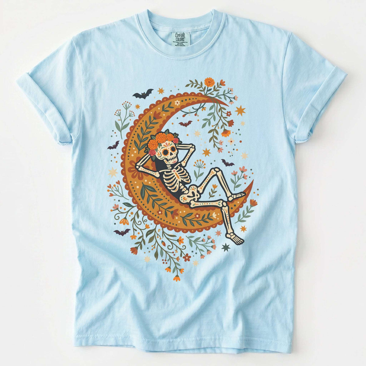 Sugar Skull Skeleton Resting On The Moon Vintage Washed T-Shirt
