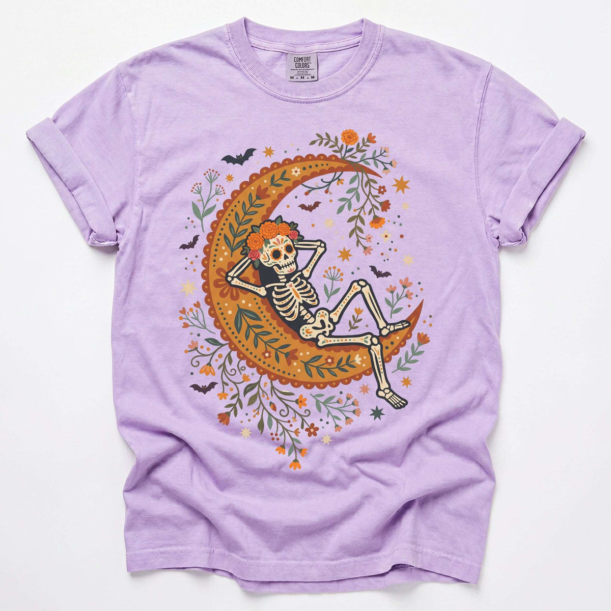 Sugar Skull Skeleton Resting On The Moon Vintage Washed T-Shirt