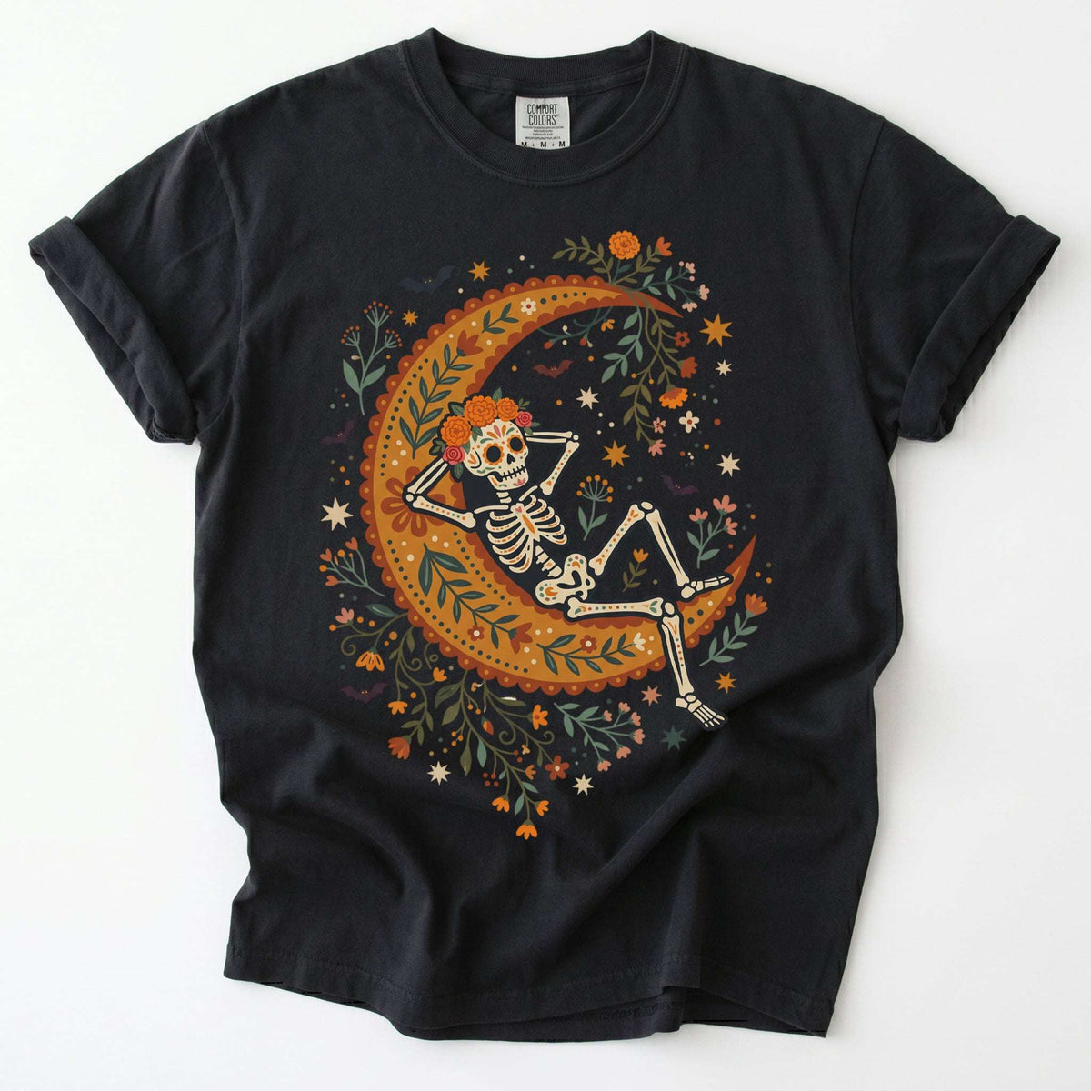 Sugar Skull Skeleton Resting On The Moon Vintage Washed T-Shirt