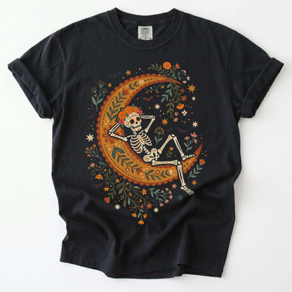 Sugar Skull Skeleton Resting On The Moon Vintage Washed T-Shirt