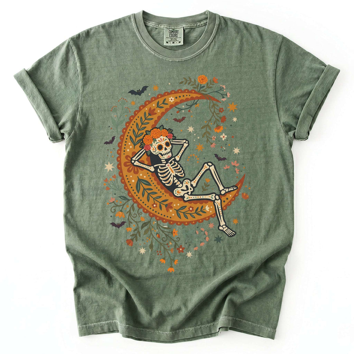 Sugar Skull Skeleton Resting On The Moon Vintage Washed T-Shirt