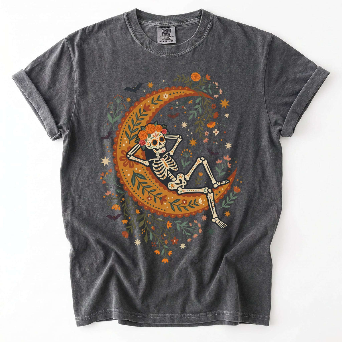 Sugar Skull Skeleton Resting On The Moon Vintage Washed T-Shirt