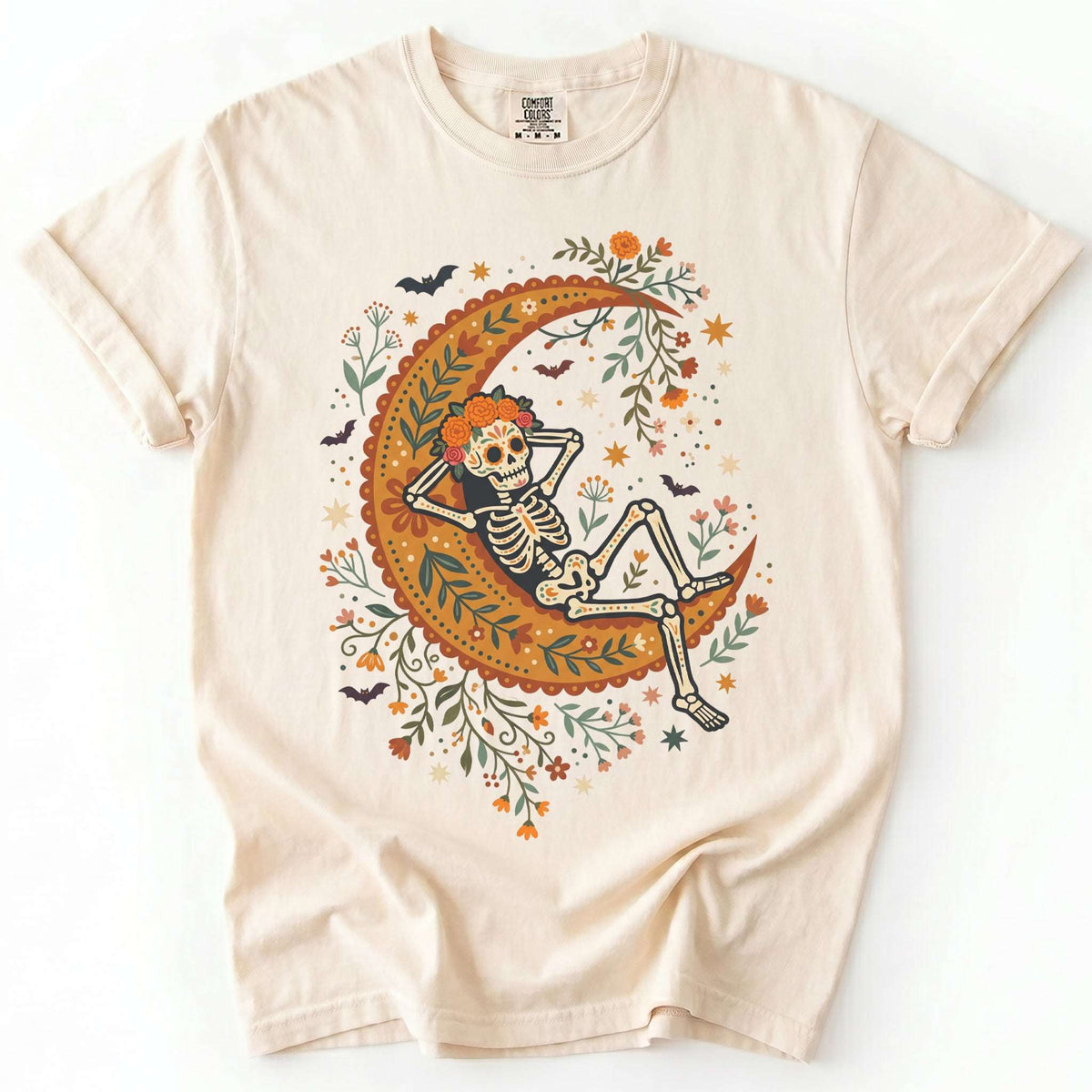 Sugar Skull Skeleton Resting On The Moon Vintage Washed T-Shirt