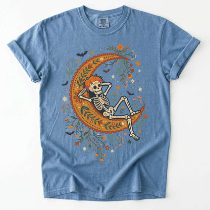 Sugar Skull Skeleton Resting On The Moon Vintage Washed T-Shirt