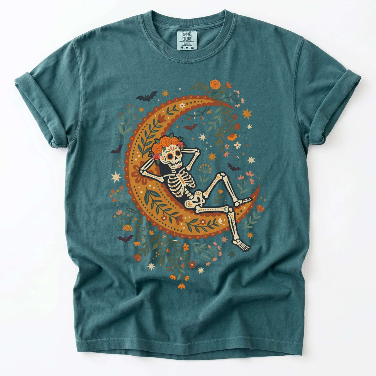 Sugar Skull Skeleton Resting On The Moon Vintage Washed T-Shirt