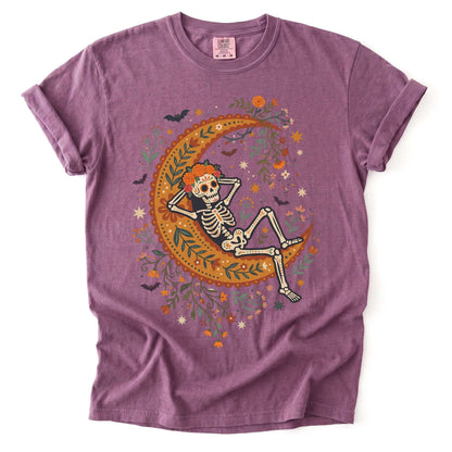 Sugar Skull Skeleton Resting On The Moon Vintage Washed T-Shirt