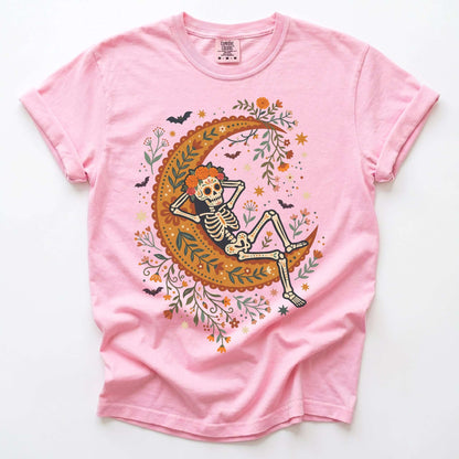 Sugar Skull Skeleton Resting On The Moon Vintage Washed T-Shirt