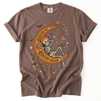 Sugar Skull Skeleton Resting On The Moon Vintage Washed T-Shirt