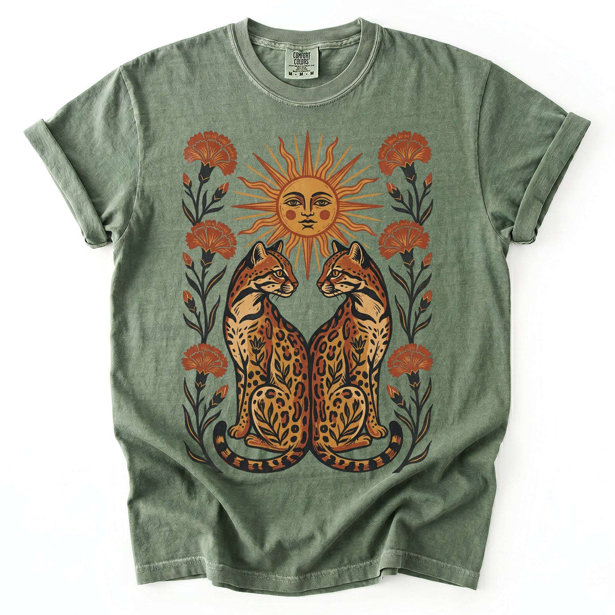 Sun Goddess And Mirrored Ocelots Vintage Washed T-Shirt