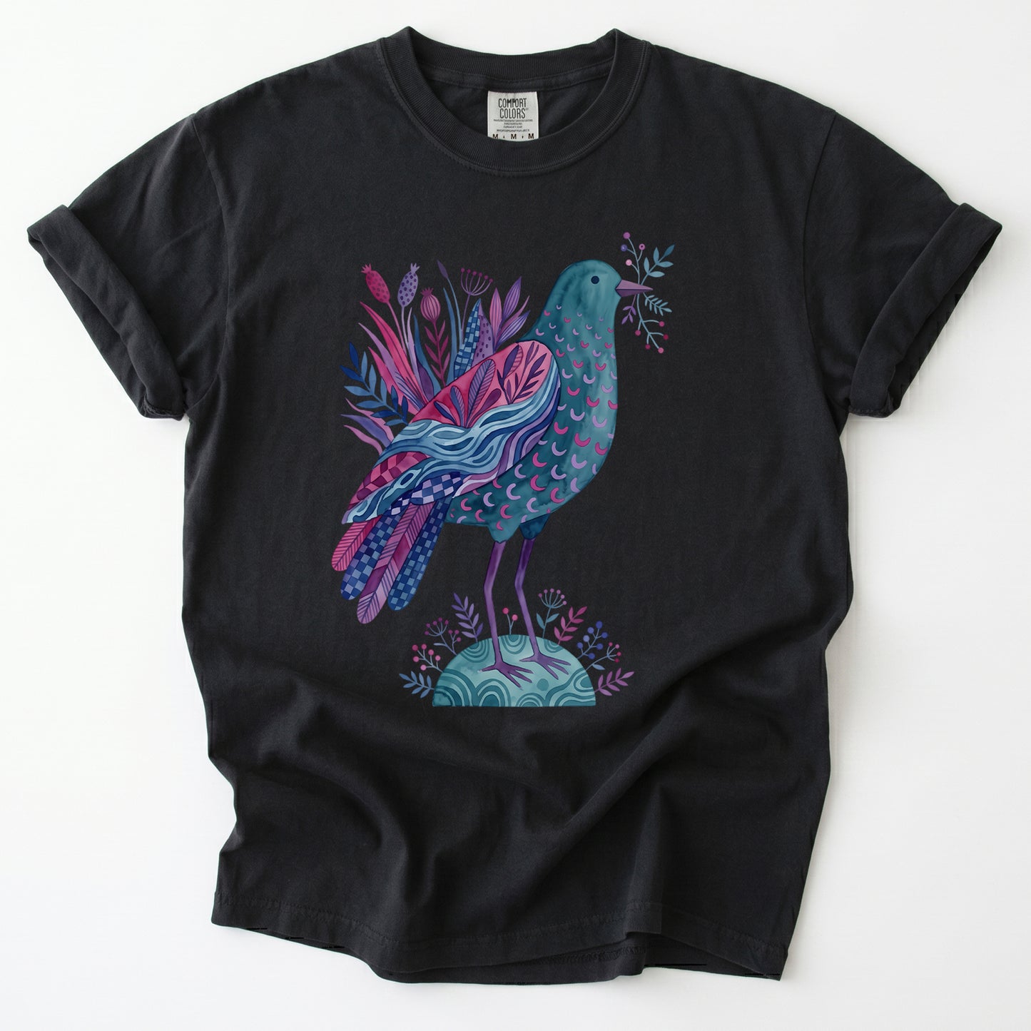Whimsical Botanical Bird Vintage Washed T-Shirt