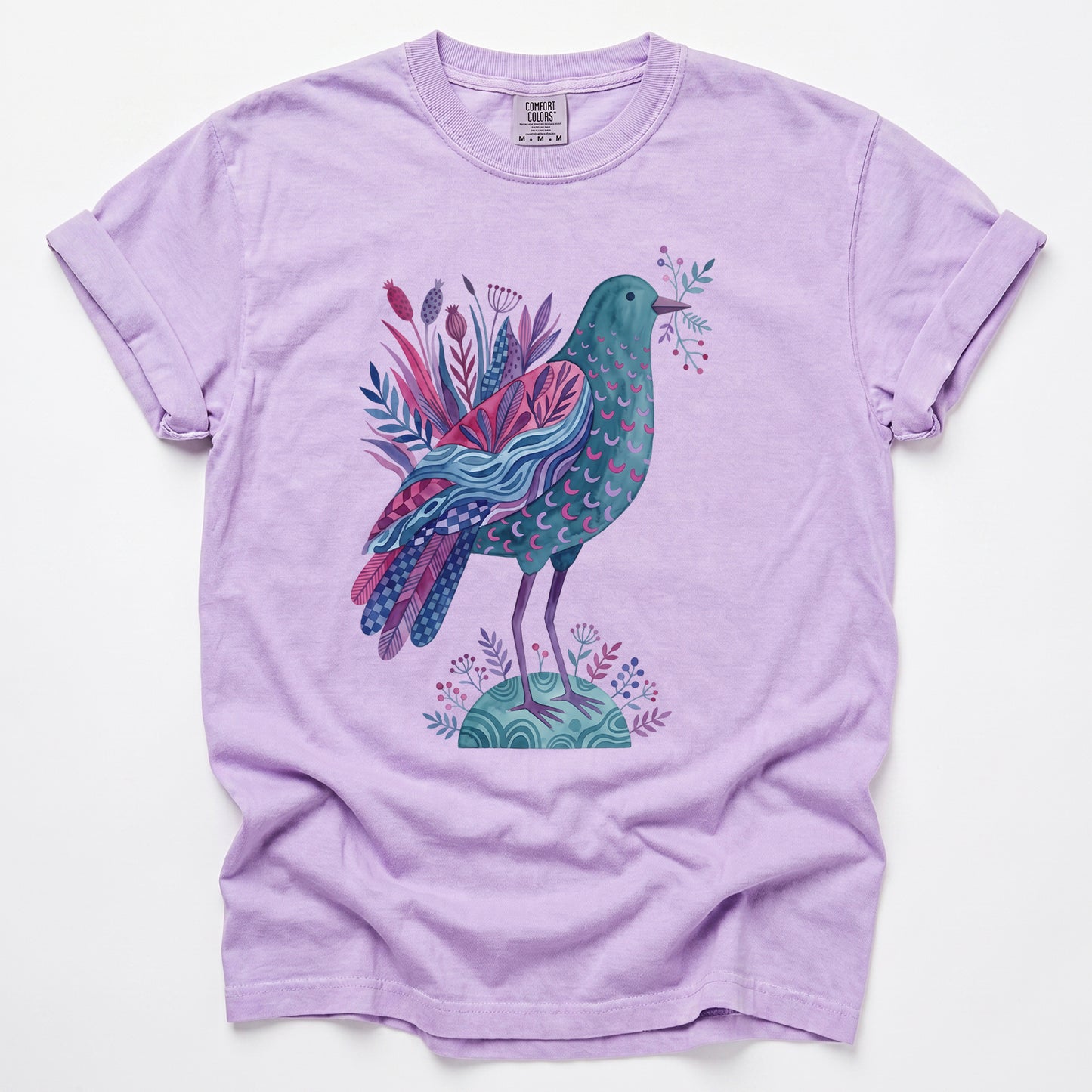 Whimsical Botanical Bird Vintage Washed T-Shirt