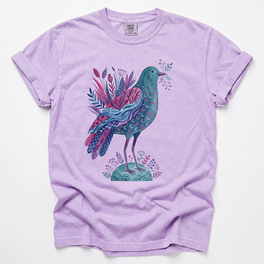 Whimsical Botanical Bird Vintage Washed T-Shirt