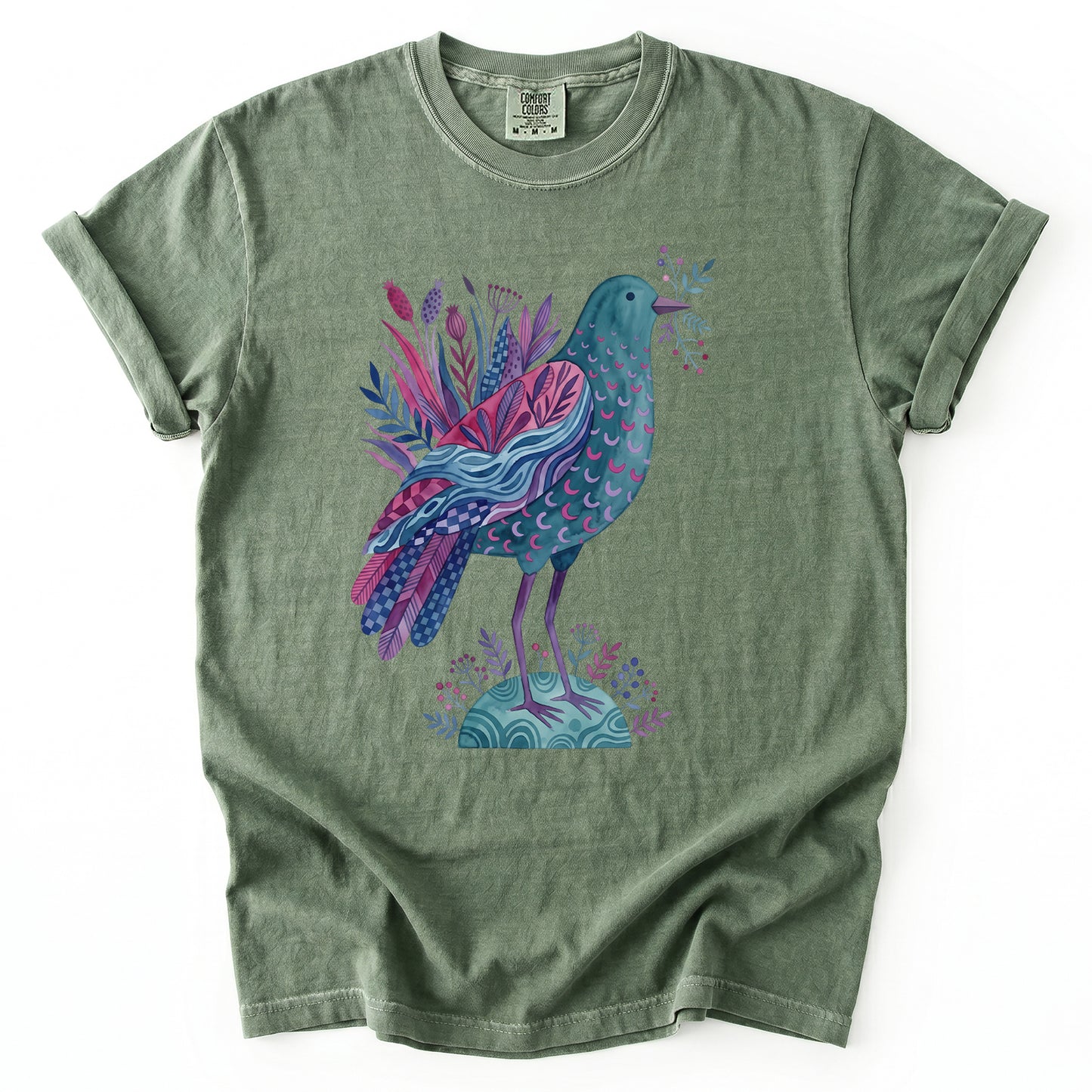 Whimsical Botanical Bird Vintage Washed T-Shirt