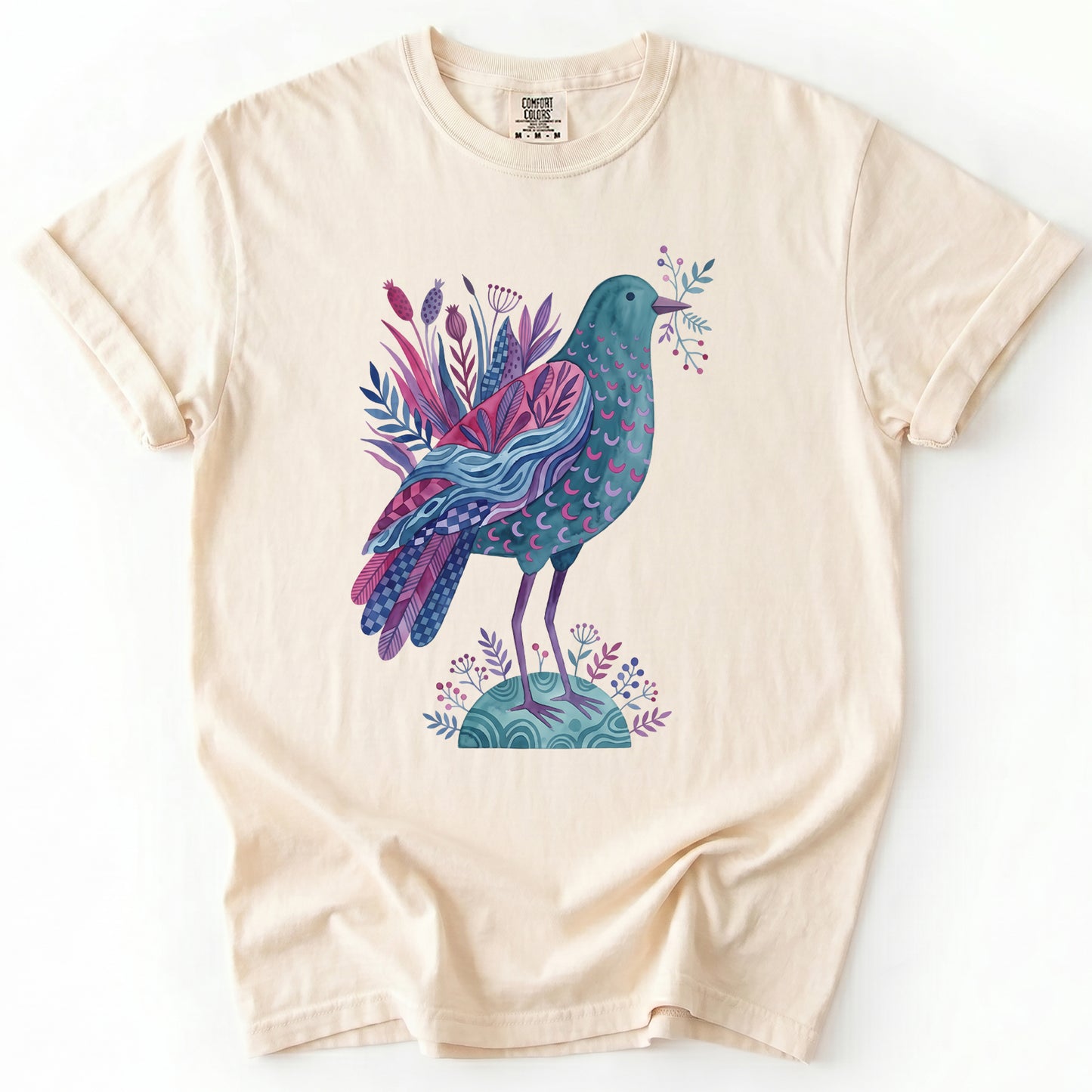 Whimsical Botanical Bird Vintage Washed T-Shirt