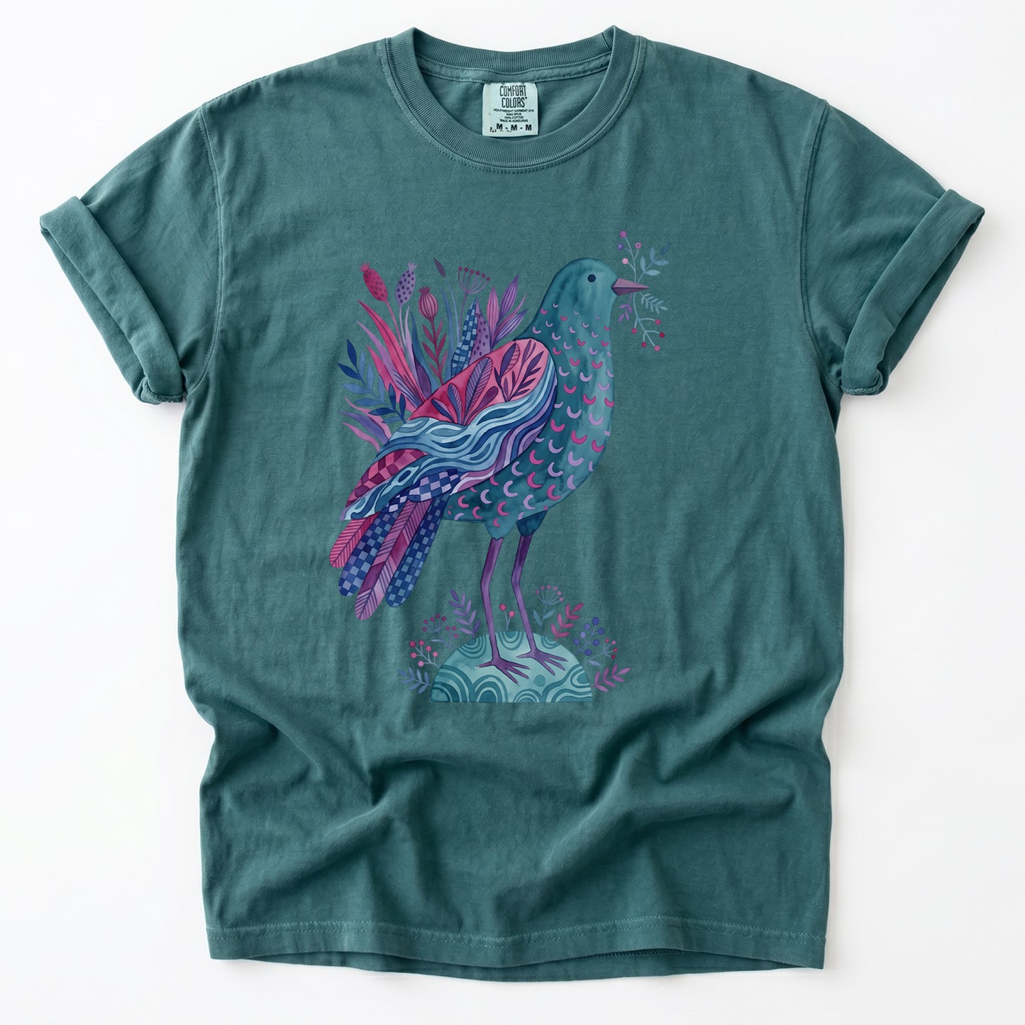 Whimsical Botanical Bird Vintage Washed T-Shirt