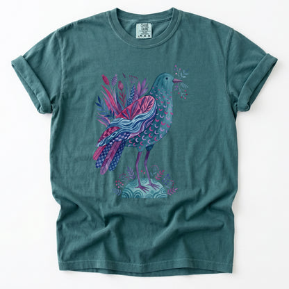 Whimsical Botanical Bird Vintage Washed T-Shirt