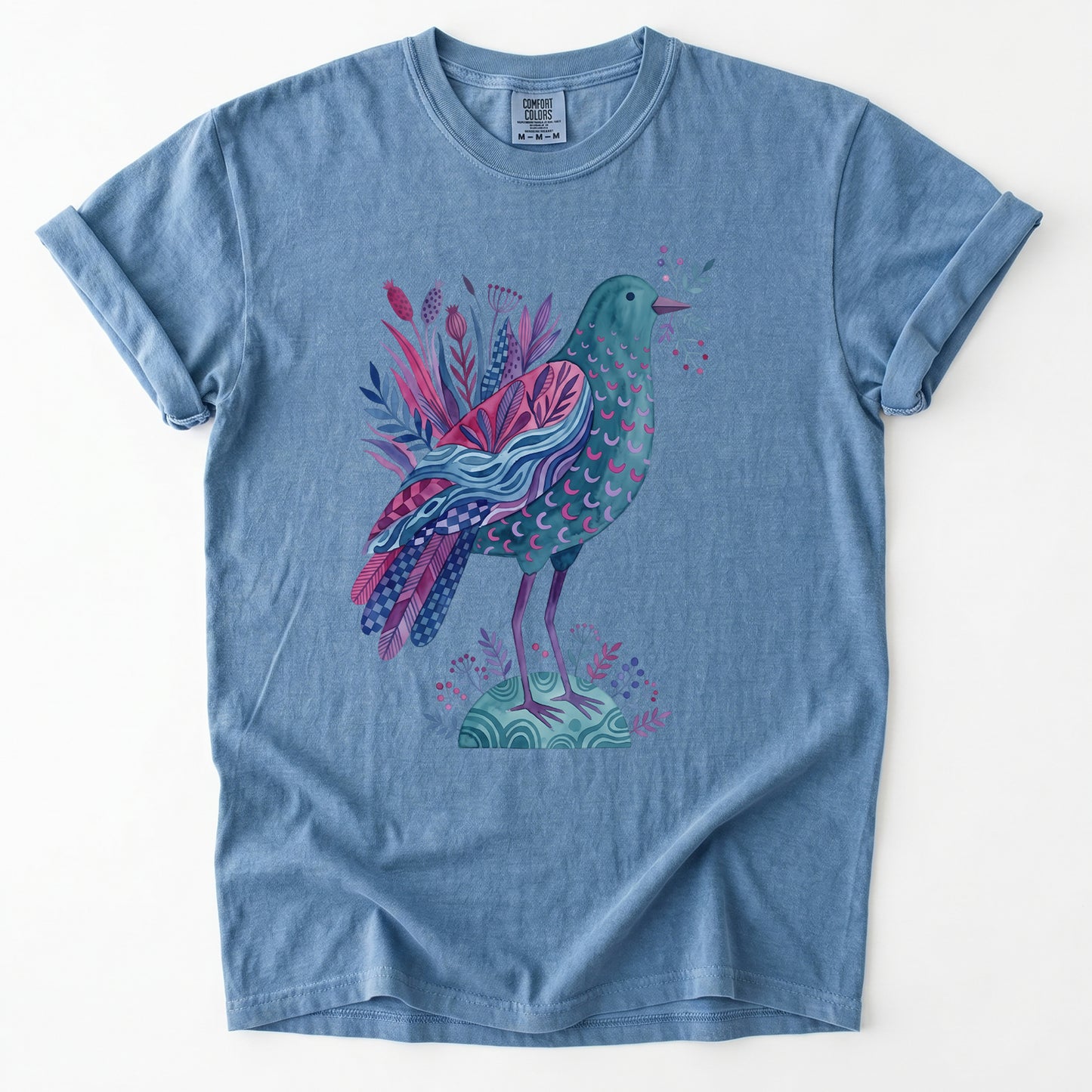 Whimsical Botanical Bird Vintage Washed T-Shirt
