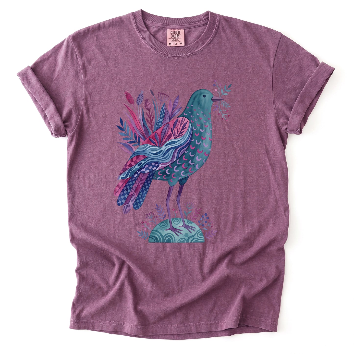 Whimsical Botanical Bird Vintage Washed T-Shirt
