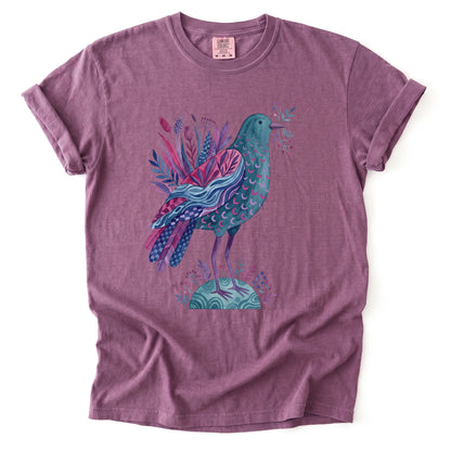 Whimsical Botanical Bird Vintage Washed T-Shirt