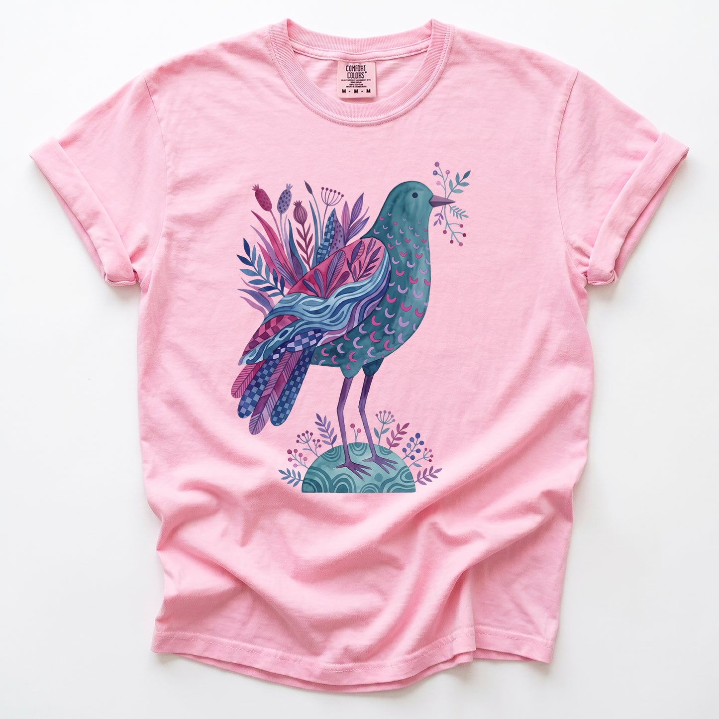 Whimsical Botanical Bird Vintage Washed T-Shirt