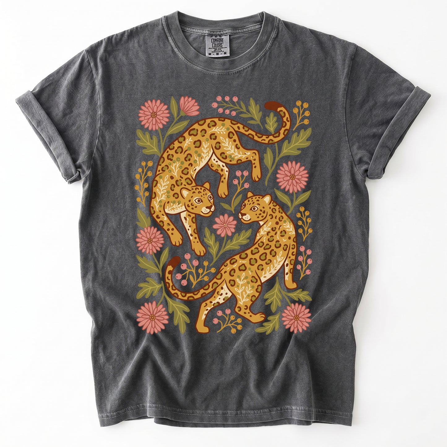 Wild Leopard Folk Art Vintage Washed T-Shirt