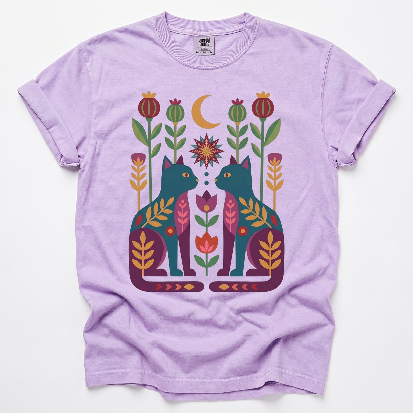 Folk Art Twin Cats Vintage Washed T-Shirt
