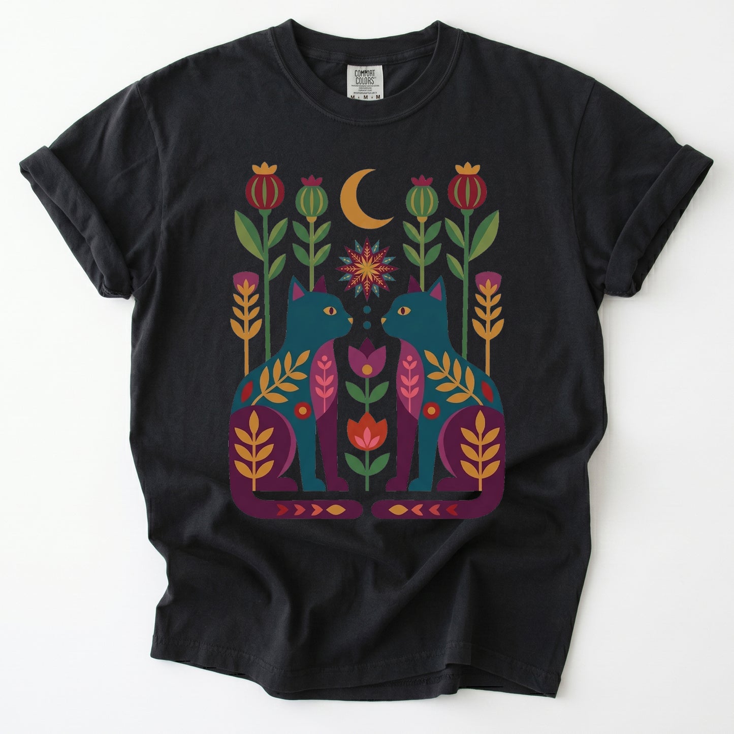 Folk Art Twin Cats Vintage Washed T-Shirt