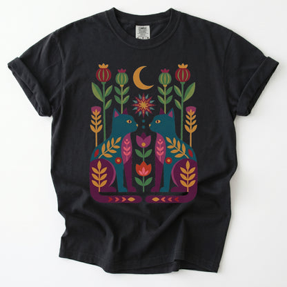Folk Art Twin Cats Vintage Washed T-Shirt
