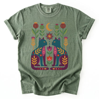 Folk Art Twin Cats Vintage Washed T-Shirt