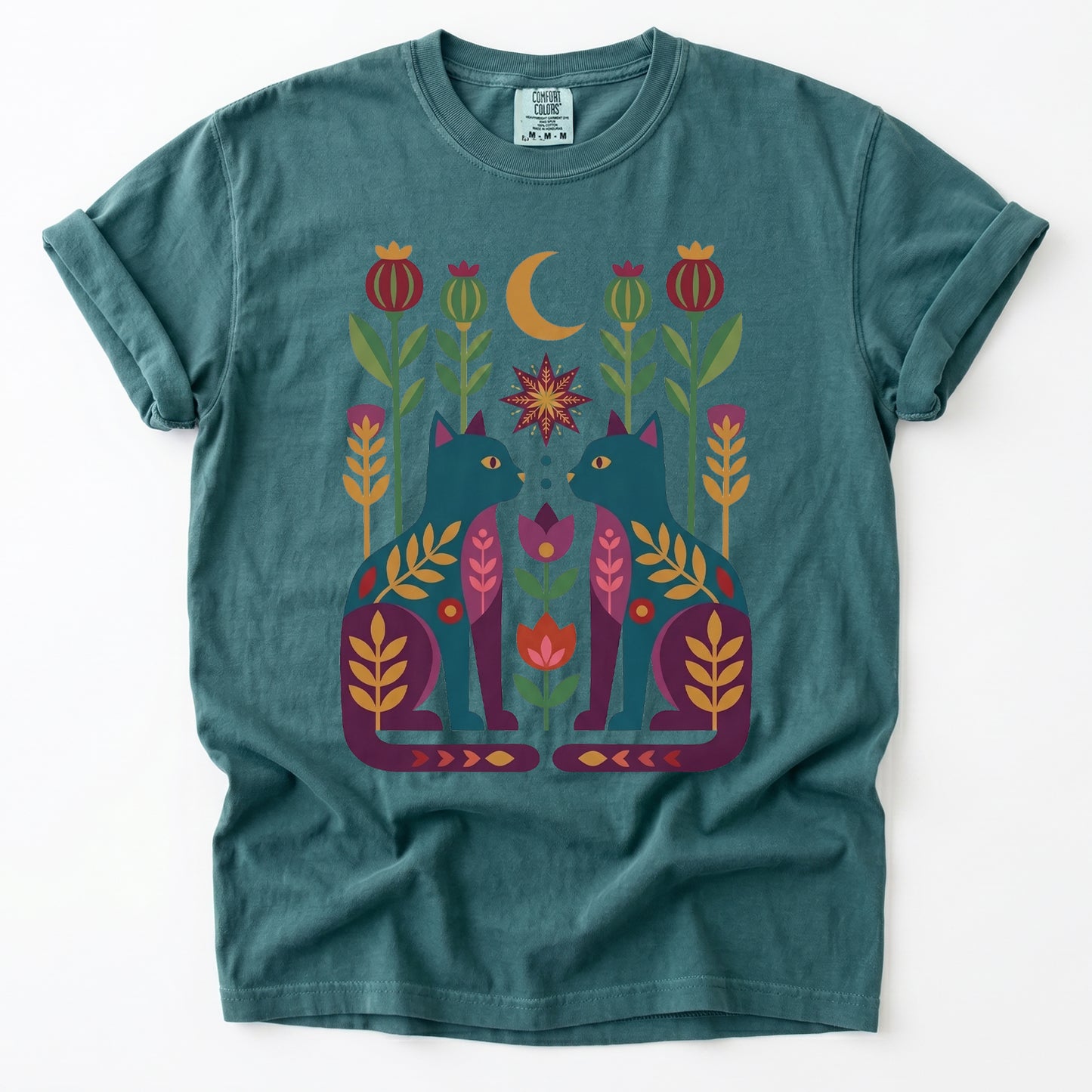 Folk Art Twin Cats Vintage Washed T-Shirt