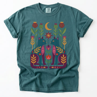 Folk Art Twin Cats Vintage Washed T-Shirt