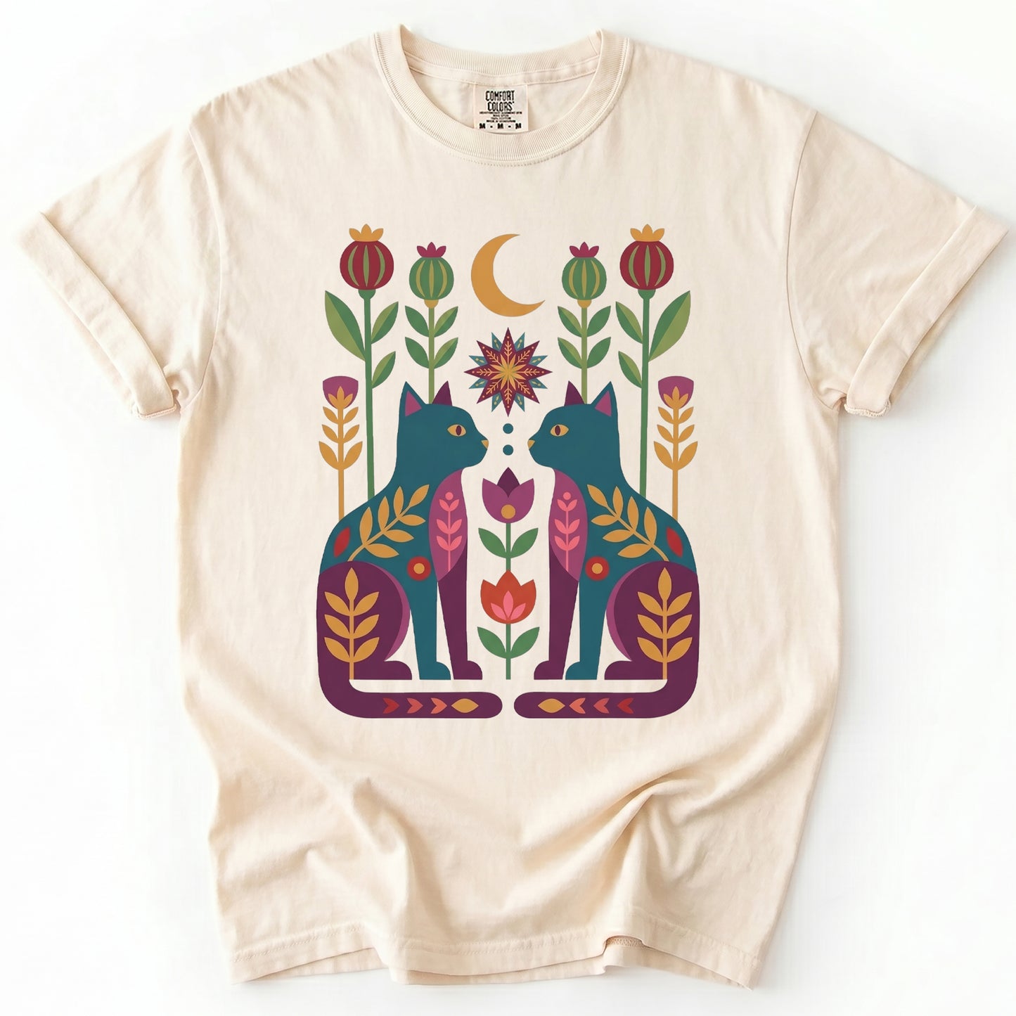 Folk Art Twin Cats Vintage Washed T-Shirt