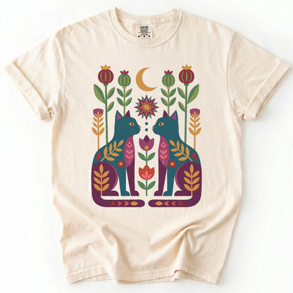 Folk Art Twin Cats Vintage Washed T-Shirt
