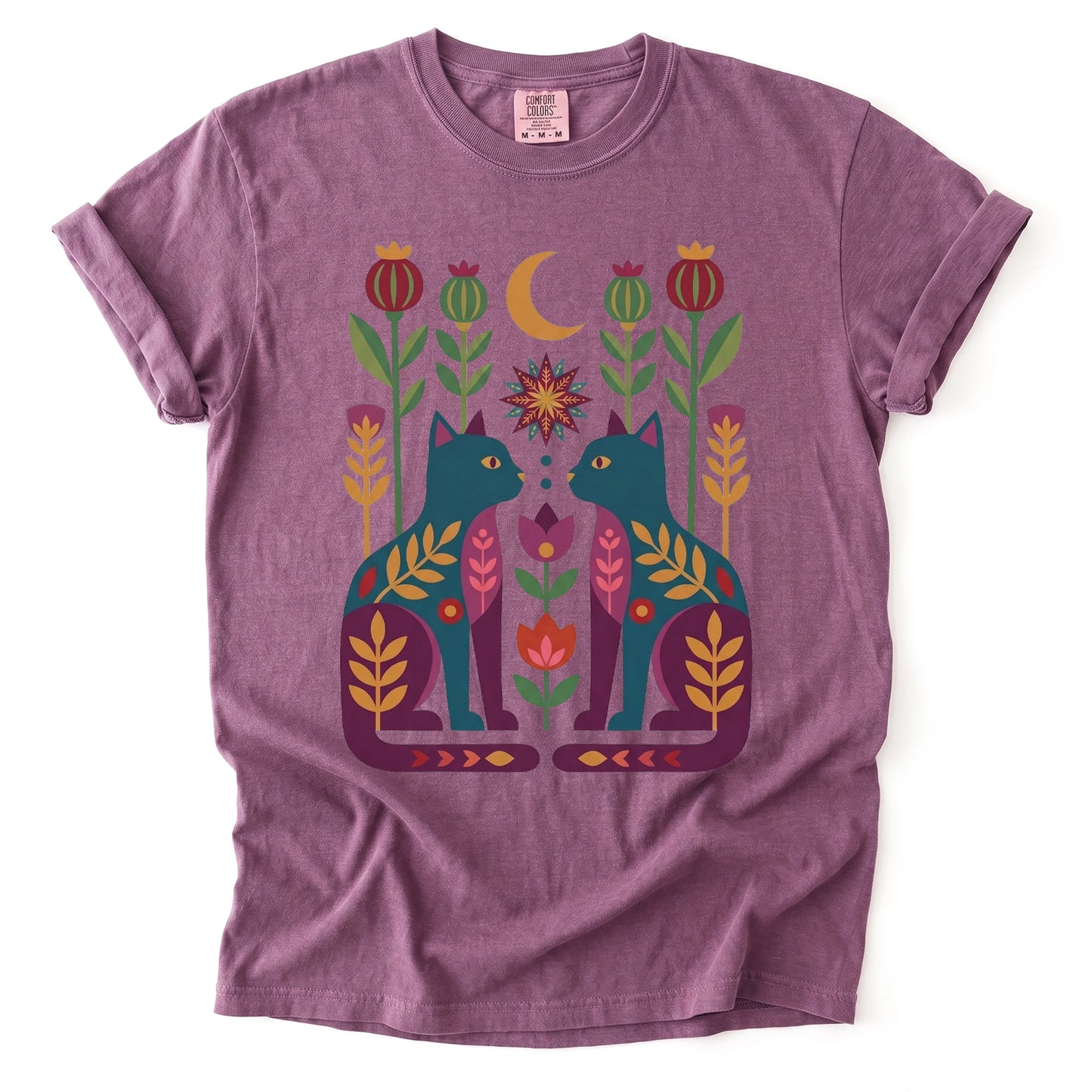Folk Art Twin Cats Vintage Washed T-Shirt