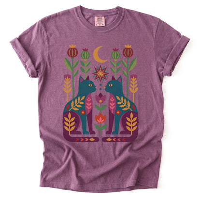 Folk Art Twin Cats Vintage Washed T-Shirt