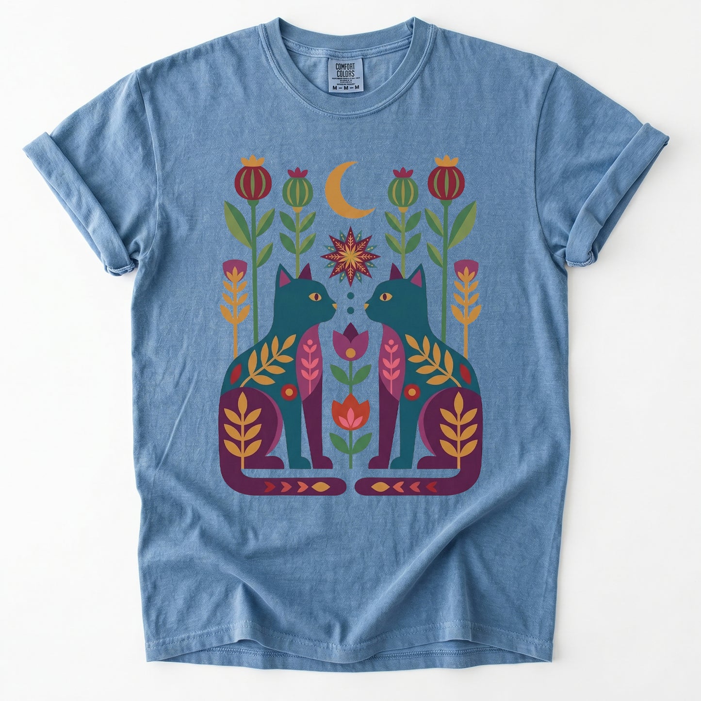 Folk Art Twin Cats Vintage Washed T-Shirt