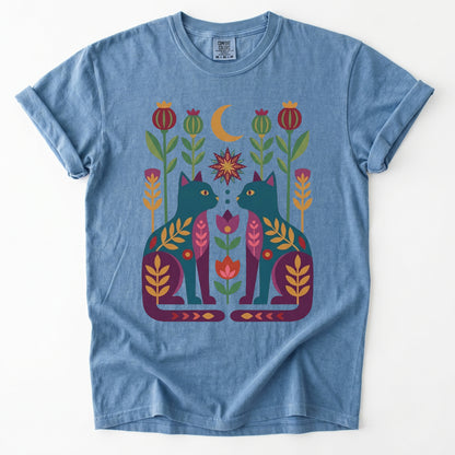 Folk Art Twin Cats Vintage Washed T-Shirt