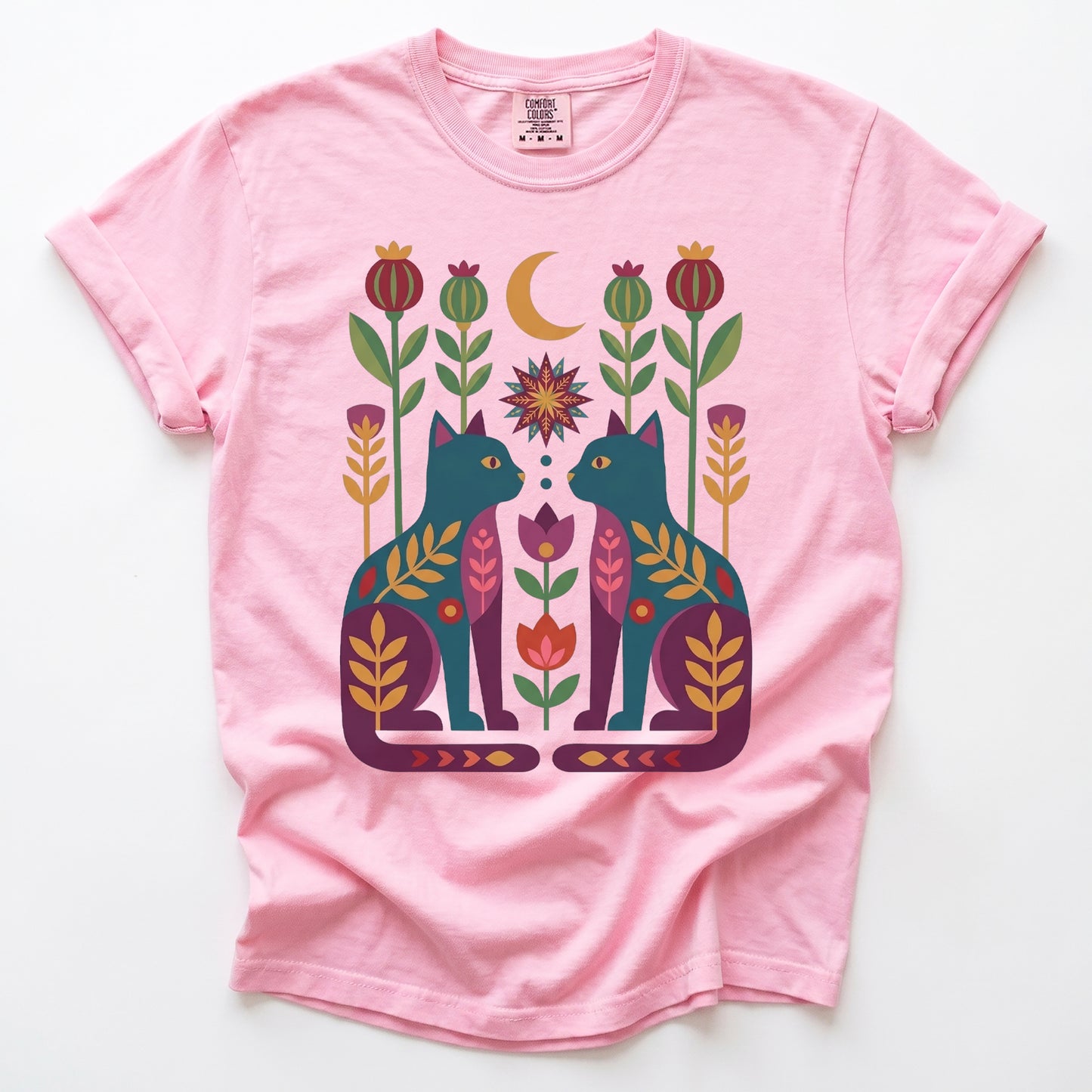 Folk Art Twin Cats Vintage Washed T-Shirt