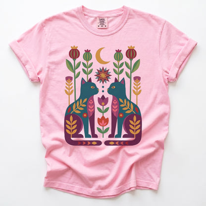Folk Art Twin Cats Vintage Washed T-Shirt