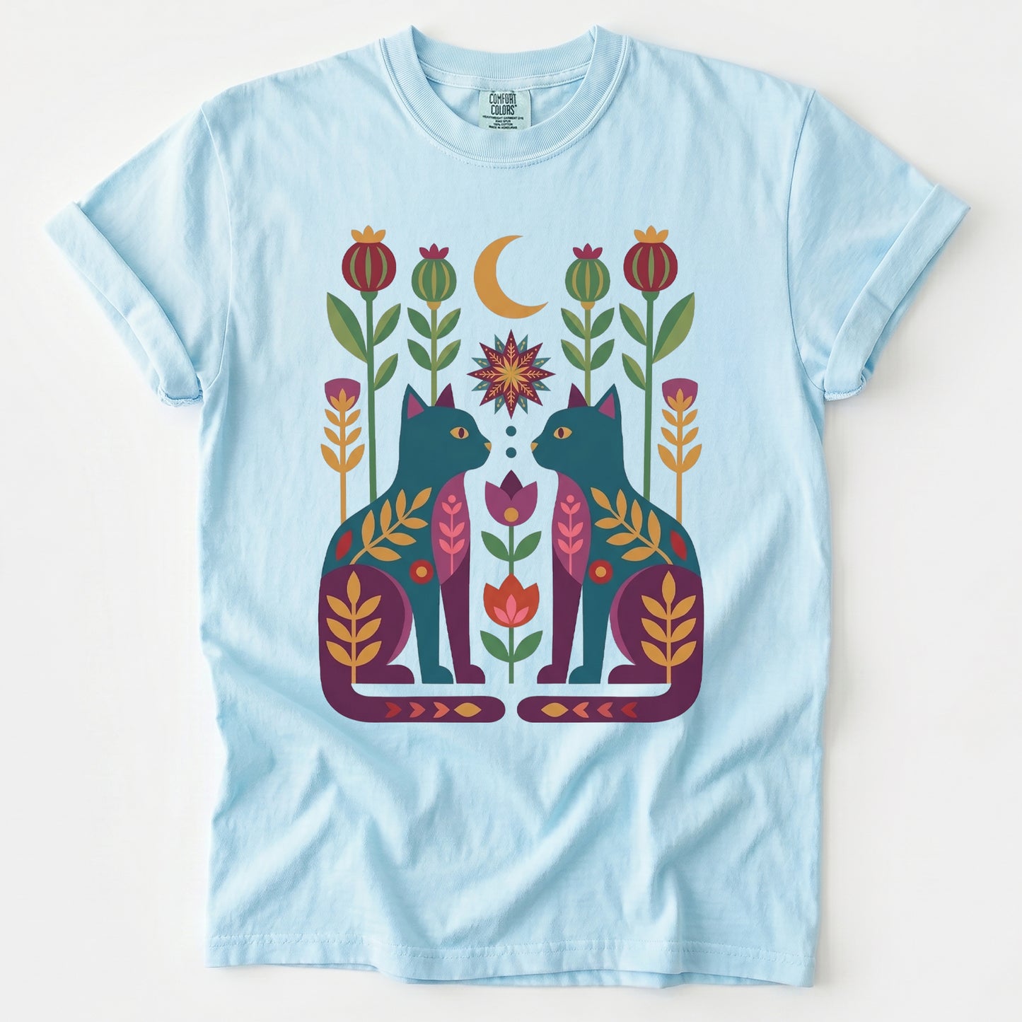 Folk Art Twin Cats Vintage Washed T-Shirt